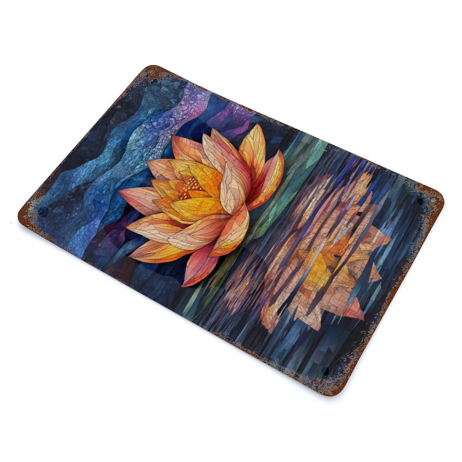 Water Lily Reflection Stained Glass Art Rusty Metal Tin Sign 11.8"x7.9", Ideal for Pub, Kitchen And Man Cave Decor