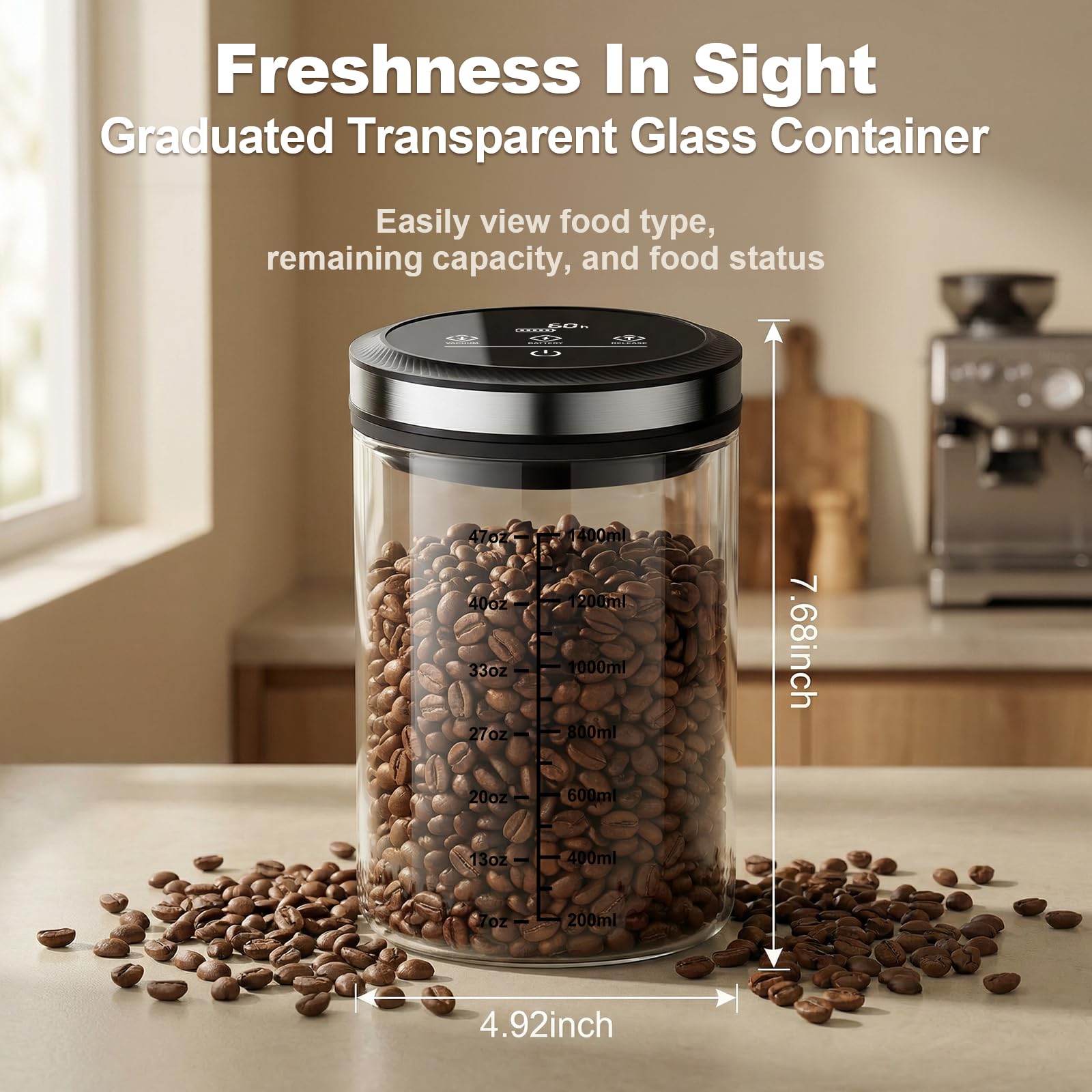 Vakuum-Kaffeedose, 1,6 l, großes Fassungsvermögen, luftdichter Kaffeebehälter mit abgestufter Skala und Vakuumdauer-Anzeige. Mit transparenter Borosilikatglas-Konstruktion