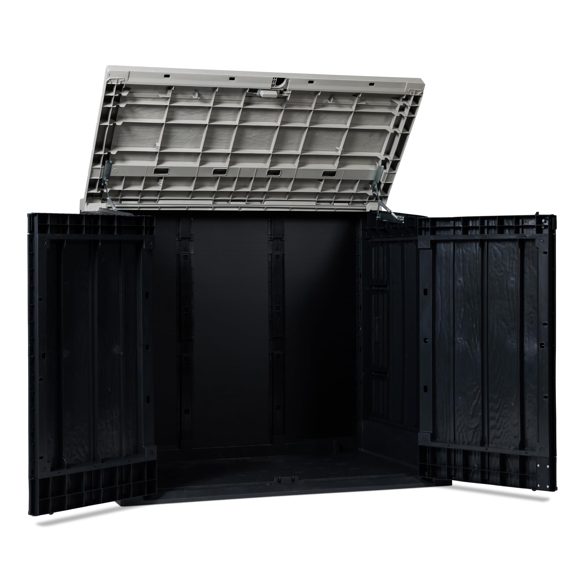 Toomax Stora Way Plus XL Baule 1270L portattrezzi 145x85x124,5h cm, in plastica resistente antracite/grigio, porta bidoni spazzatura, apertura assistita e chiusura a chiavistello, ideale per esterno