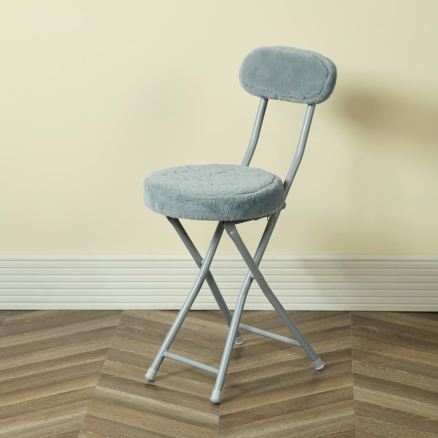 MEUBLE COSY Lot de 4 Chaises de Salon Pliantes Coussin Rond en Fourrure avec Dossier et Repose-Pieds, Siège de 49 cm de Haut, Style Scandinave, Gris