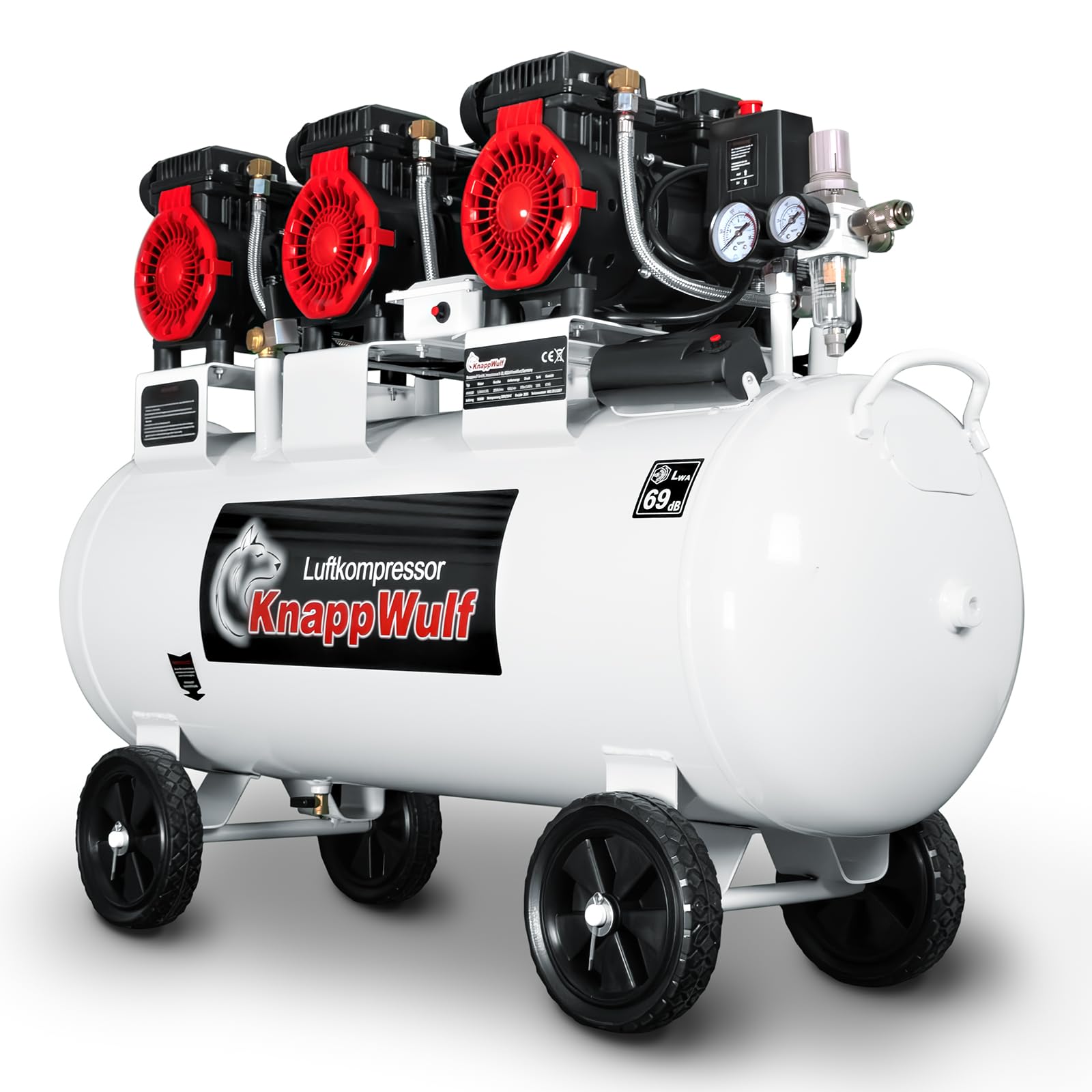 KnappWulf Compresor silencioso Compresor Compresor de aire KW4100 con caldera de 100L, 3300W, 10 bar, 660L/min, sin aceite, incluye separador de agua, reductor de presión, grifo de drenaje de