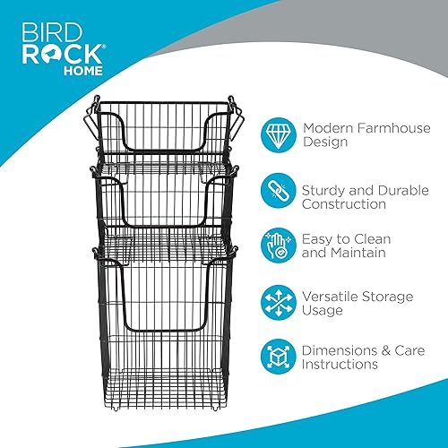 Miniatura 3 de BIRDROCK HOME Contenedores apilables de almacenamiento de alambre de 3 piezas, organizador de frutas y verduras, casa de campo moderna, armario de