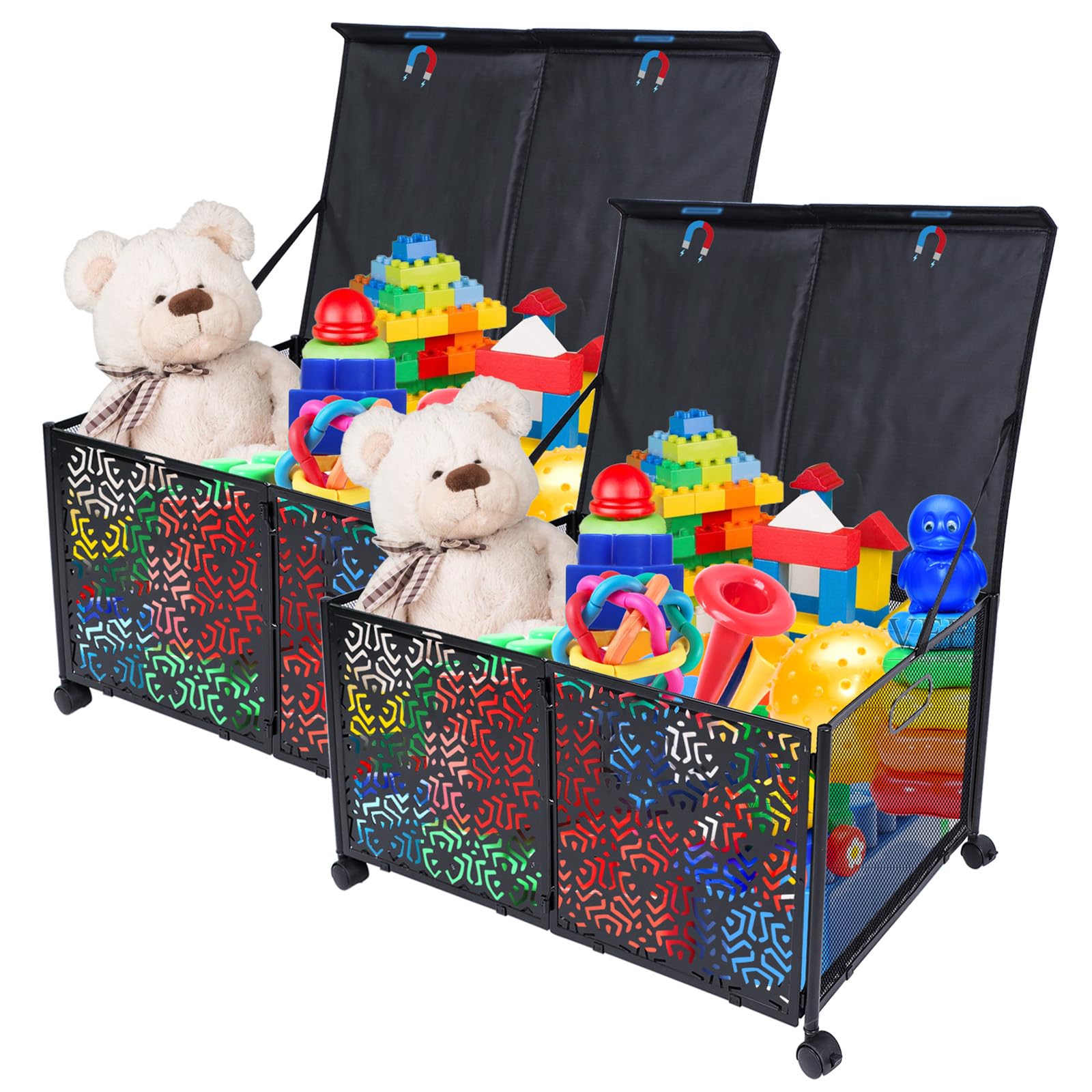 GYBestToy Storage Bins Box with Wheels for Kids Boys Girls, Collapsible Large Toy Organizers Chest, Metal Storage Toy Baskets Box Boxes with Lid For Playroom, Living Room, Bedroom (2pack)