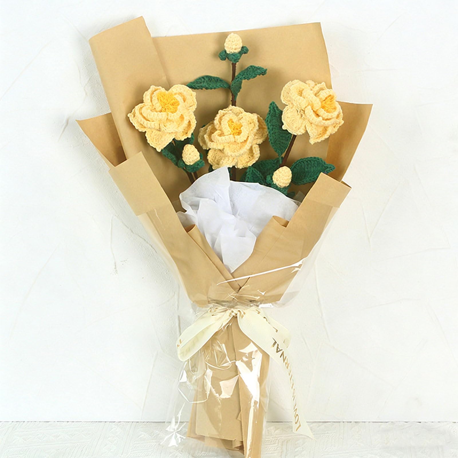 sodeber 3pcs Crochet Flower Hand Knitted Camellia Handicraft Gift Artificial Bouquet Valentines Day Wedding Party Crochet Bouquet