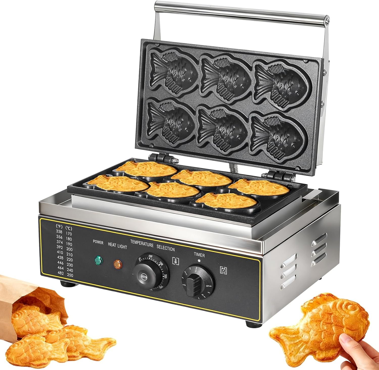 Commercial Taiyaki Fish Waffle Maker, 1550W Electric Countertop Taiyaki Machine with Non-Stick Plates and Adjustable Thermostat (122°F-572°F) Makes 6 Mini Waffles 120V for Restaurant & Home