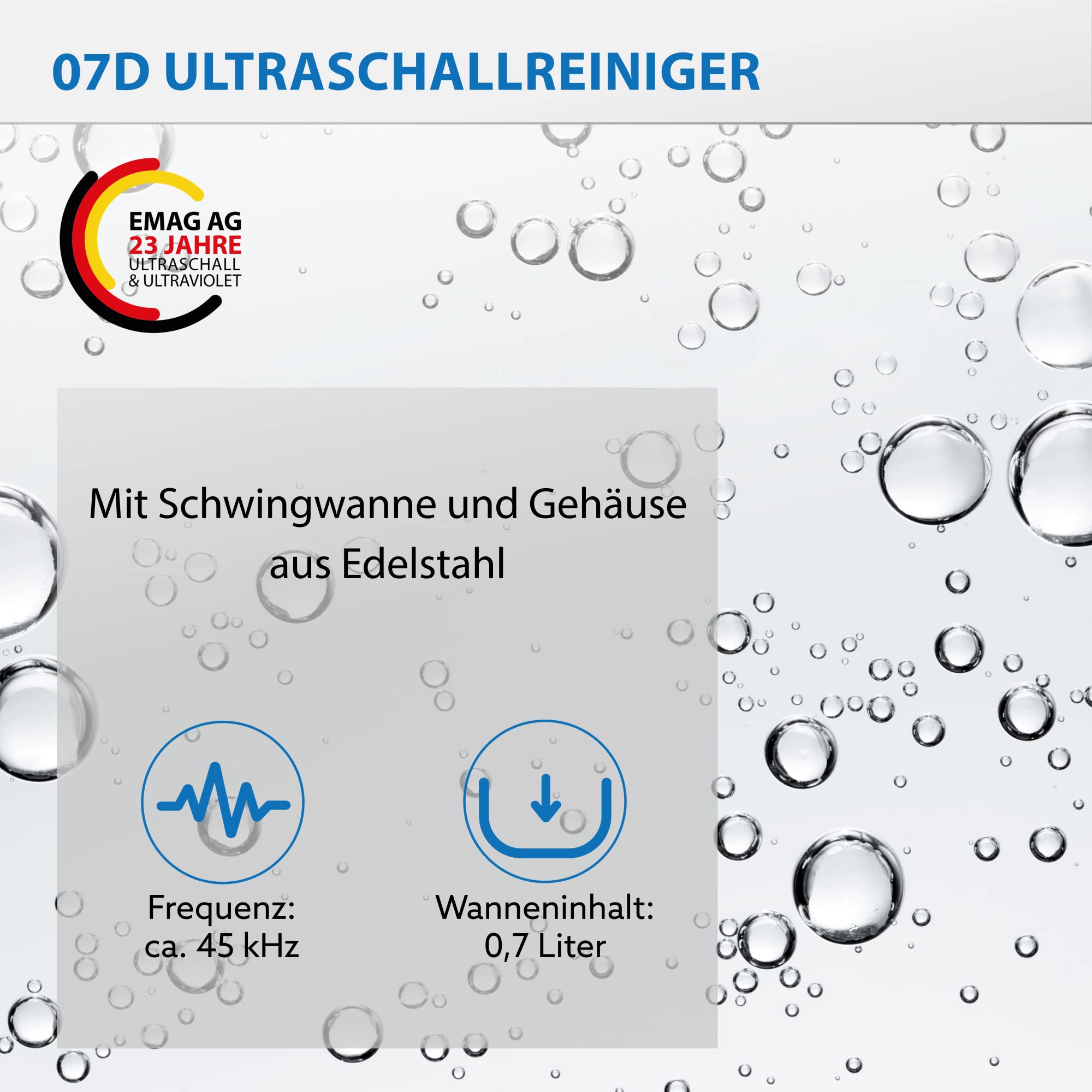 EMAG Ultraschallreiniger Emmi 07D Edelstahl I Brillenreinigungsgerät auch Schmuck & Uhren + Timer I Ultraschallreinigungsgerät aus Deutschland I 500ml