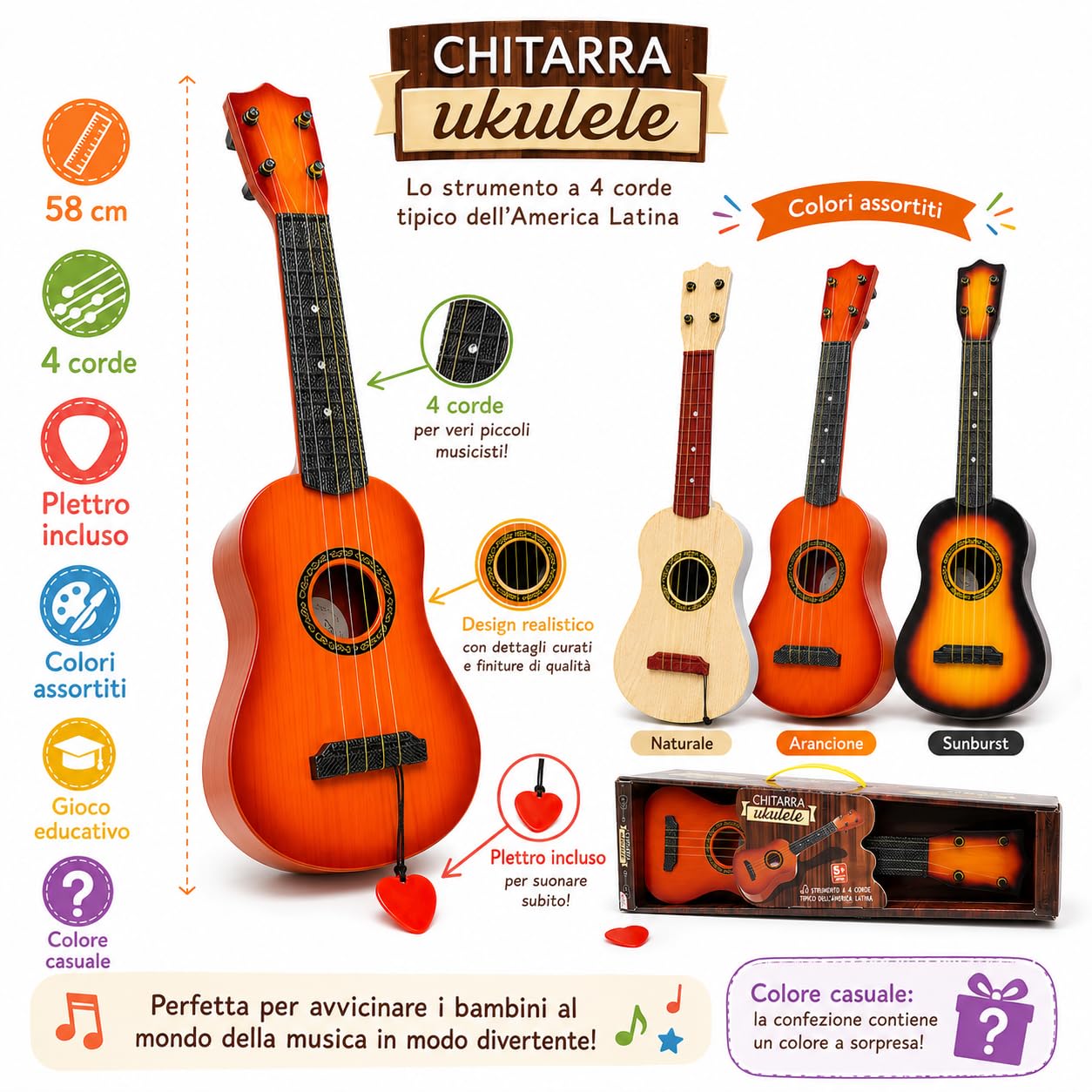 Guitarra para niños con 4 cuerdas y púa ukelele juguete instrumento musical para niños guitarra clásica de plástico cm 58 ukelele 4 cuerdas instrumentos musicales juguete educativo (a)
