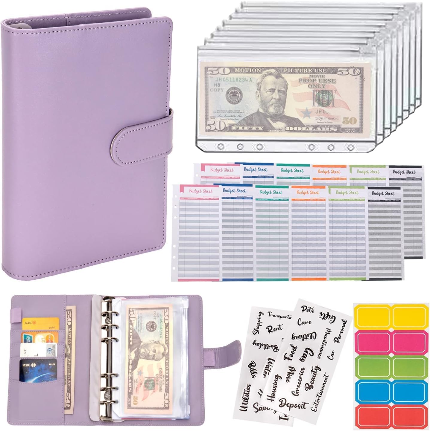 Vinskep Budget Binder Cash Envelopes for Budgeting Money Organizer for Cash Money Envelopes for Cash Leather A6 Budget Binder with Zipper envelopes (Purple)