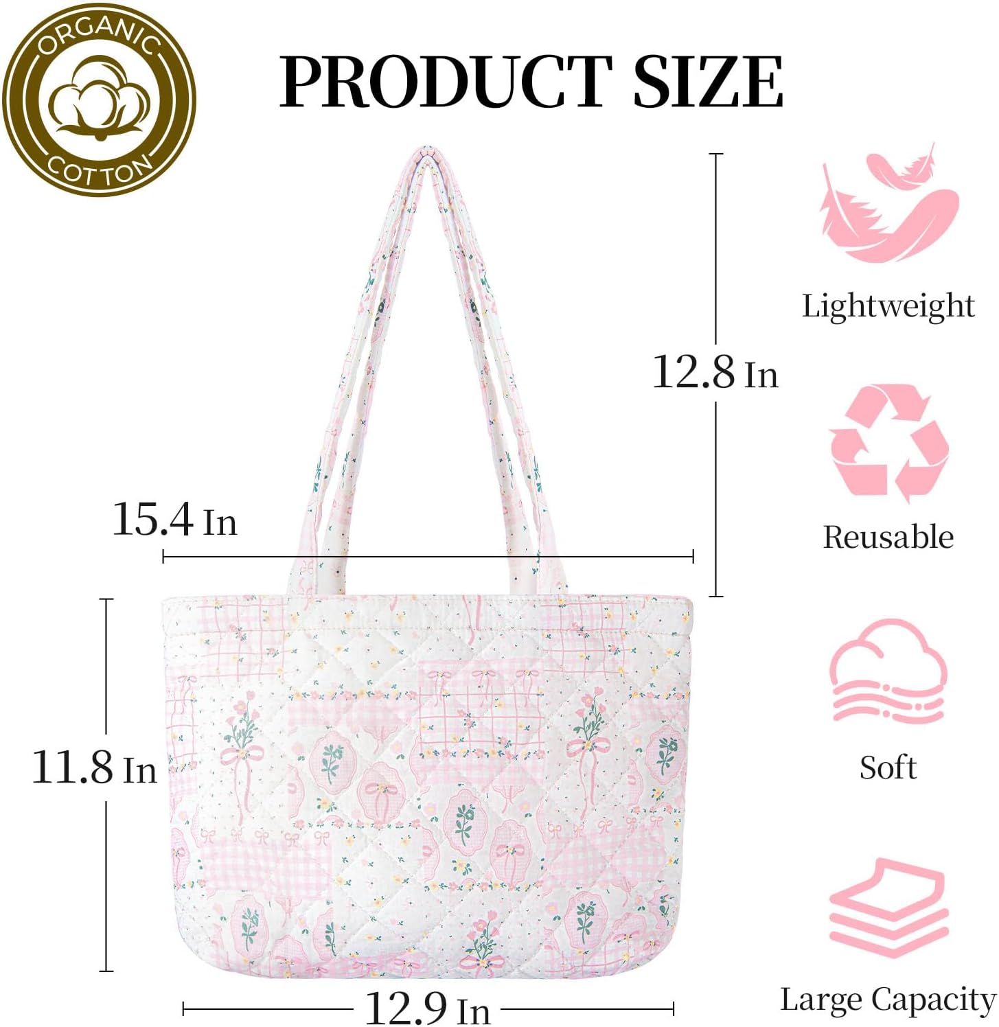 Quilted Small Tote Bag for Women, Lightweight Floral Shoulder Bag,Soft College Travel Work Bag Everyday Purse