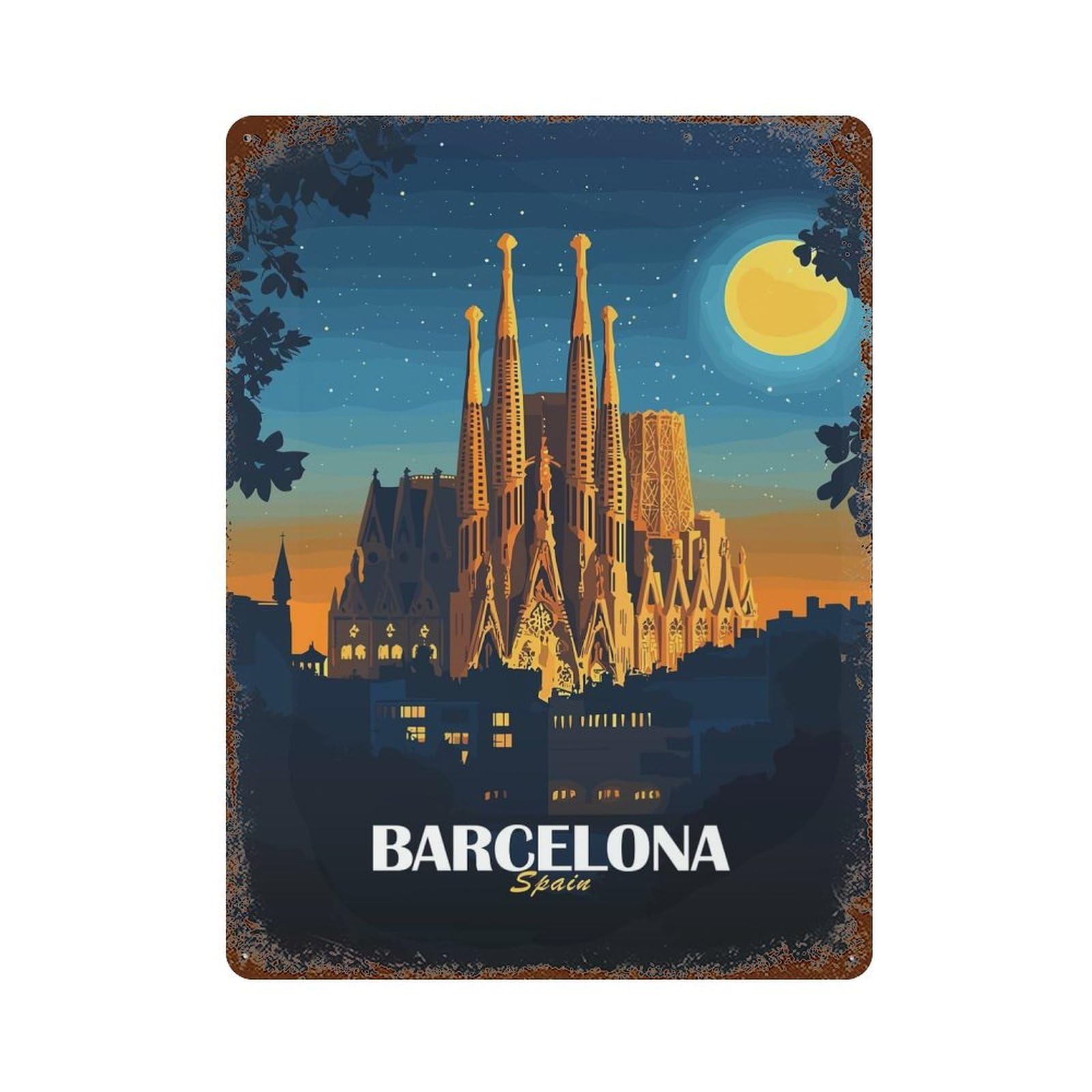 Garage Style Barcelona Spain Sagrada Familia Illustration Distressed Metal Wall Sign 15.7"x11.8", Retro Wall Decor for Bar And Workshop