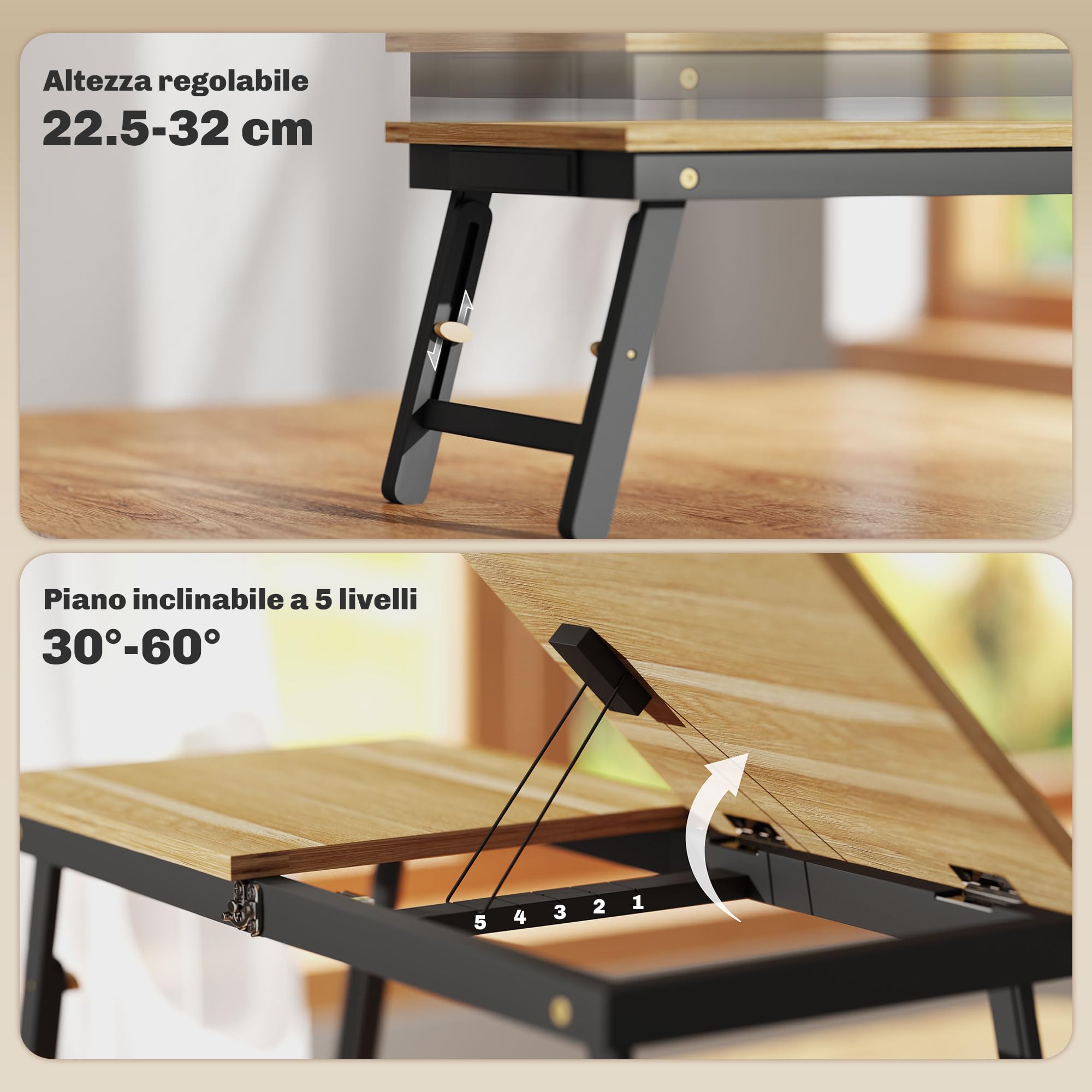 HOMCOM Supporto Monitor Inclinabile e ad Altezza Regolabile con Cassetto Laterale, Porta Monitor PC Pieghevole in Bambù e MDF, 83.5x33x23.5-34 cm, Rovere e Nero