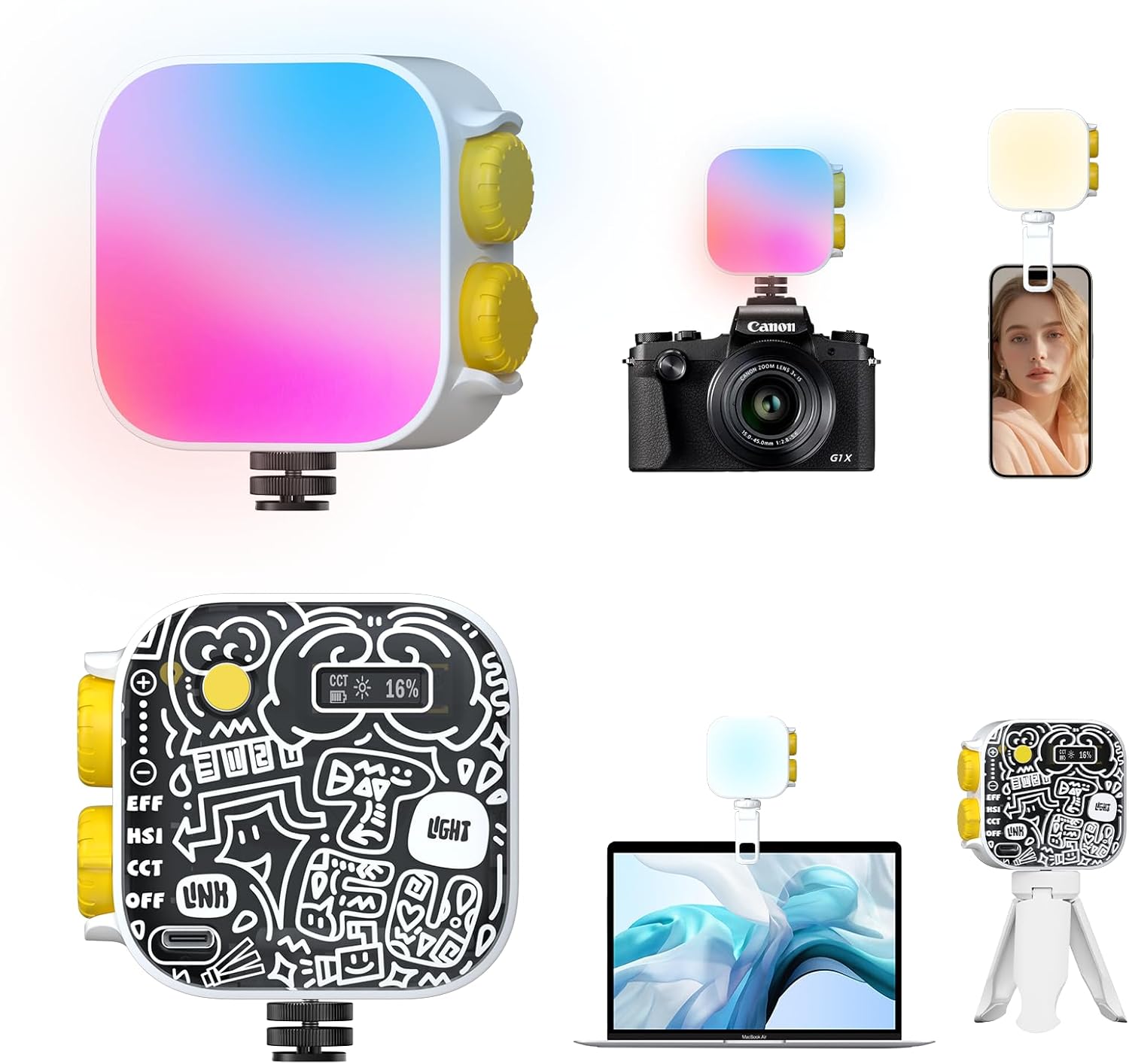 PHOTOOLEX Tofu Light, Magnetic RGB Video Camera Light, Portable Mini Panel Photography Lighting w Clip & Mini Tripod & Cold Shoe Mount, CRI 96+/2500-9900K/21 Scenes, for Selfie Video Conference Vlog