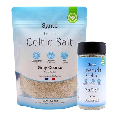 Sante Naturelle Paquete de Sal Marina Gruesa Celtic Salt Grey  Agitador de 8oz y Bolsa de 1.1lb (18oz)  Sal Marina Francesa Sin Refinar de la Costa