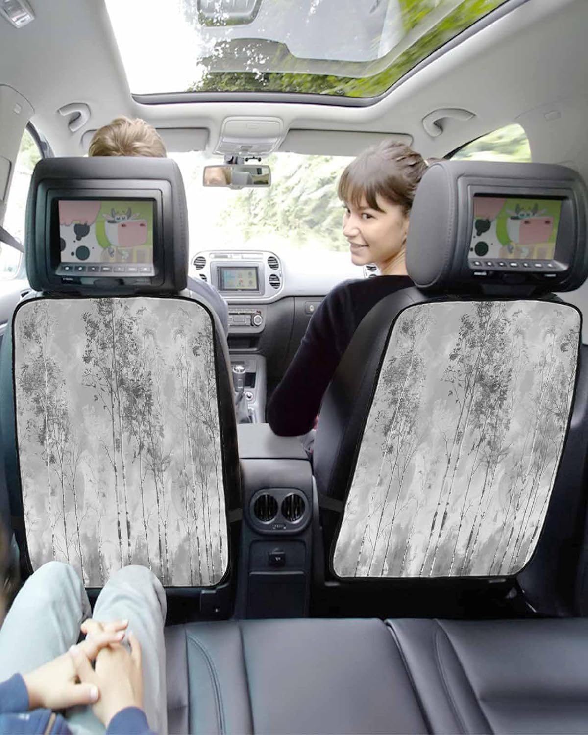 Car Seat Protector, 2 Pack Kick Mats with Organizer - 3 Pocket Storage, Grey Trees Forest Impressionist Oil Painting Art Back Seat Cover for Kids Universal Fit Automotive Interior Protectors