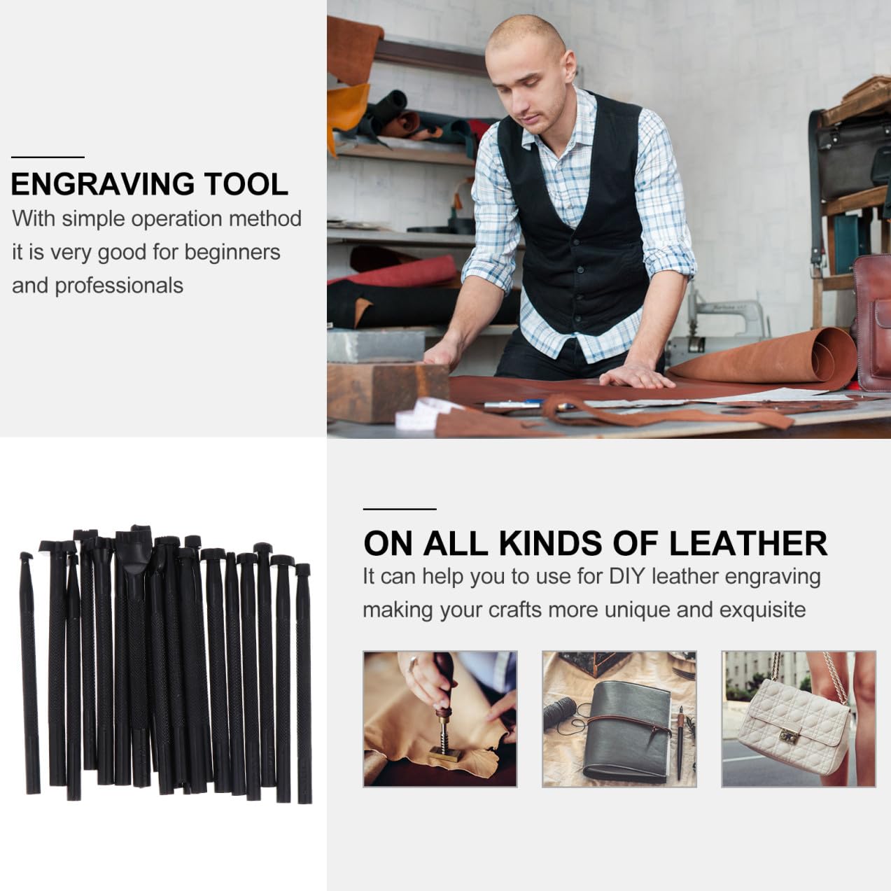 Kit Lavorazione Pelle per Principianti e Professionisti 20 Pezzi Nero