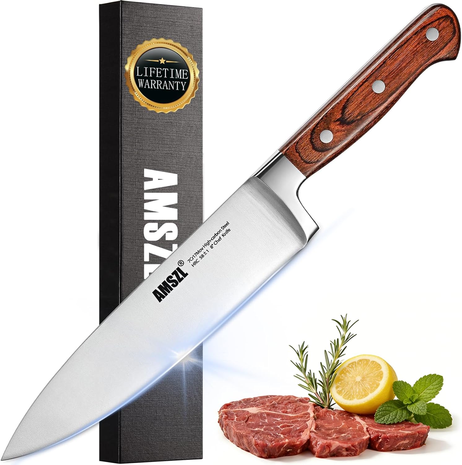 Chef Knife 8 Inch – Professional Kitchen Knife, Ultra Sharp German High-Carbon Stainless Steel, Full Tang Ergonomic Pakkawood Handle, Ideal for Slicing Meat Dicing Vegetables