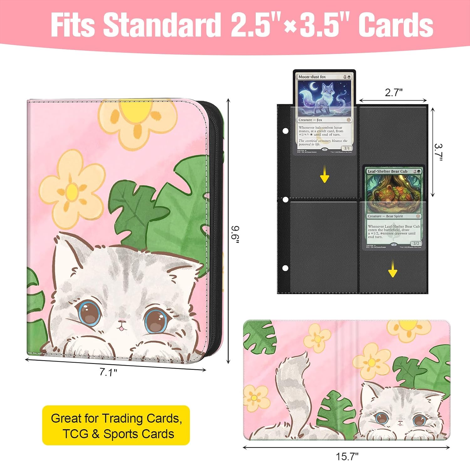 4 Pocket Trading Card Binder with Zipper, 3 Ring Refillable Album, 50 Removable Sleeves with Double-Sided Top-Loading Pockets, 400 Pockets, PU Cover, Pink Floral Cat image 5