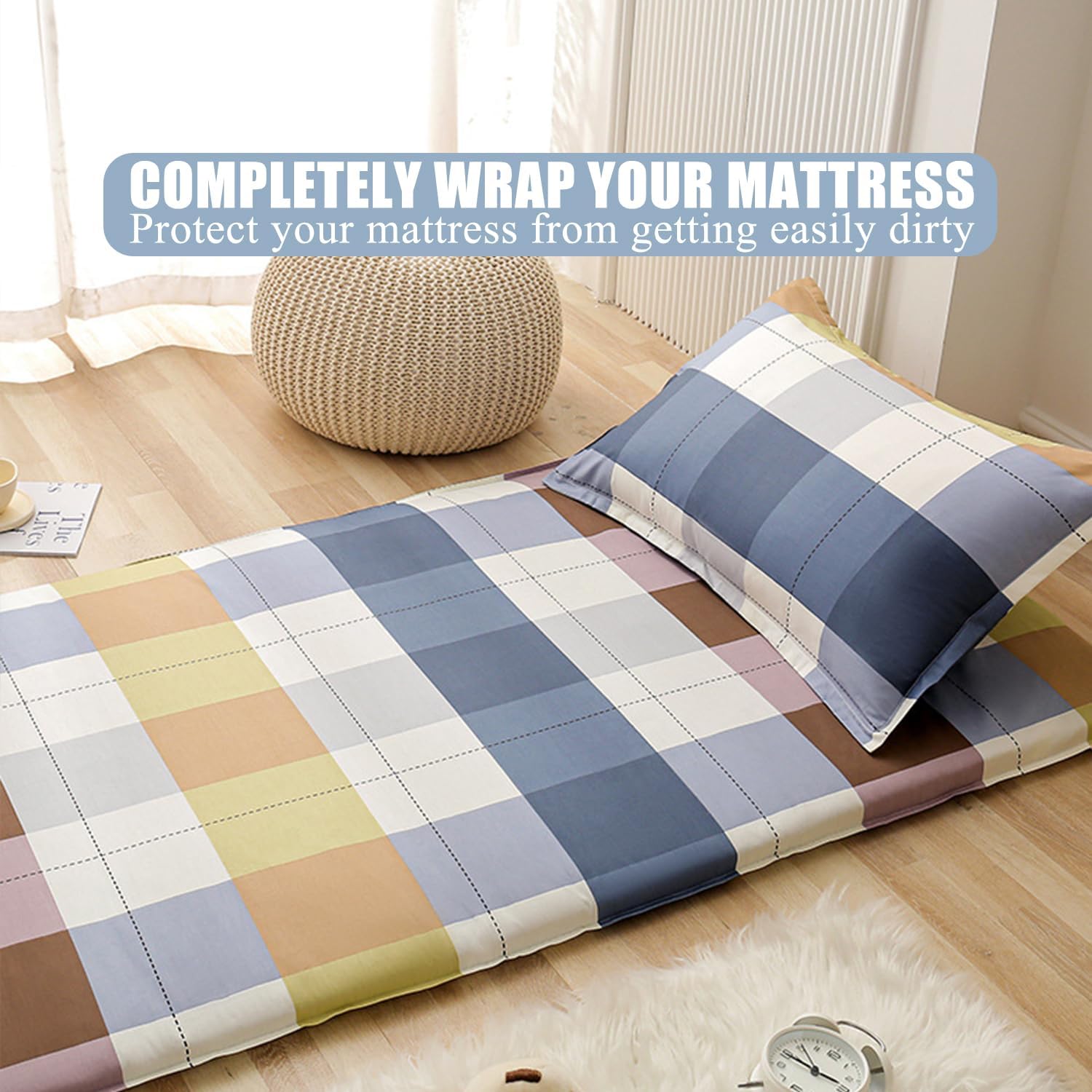H,90x200cm,LDLCYCN 100% Cotton Futon Mattress Cover King/Queen/Ful Size with Zipper Soft Floor Mattress Cover Full Wrap Mattress Protector Sleeping Mat Cover for Bedroom Dormitory