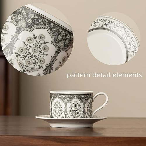 Miniatura 4 de Taza de café de cerámica con platillo, 8 onzas, taza de café de porcelana con margarita gris turco Iznik para oficina en casa, regalos para mujeres
