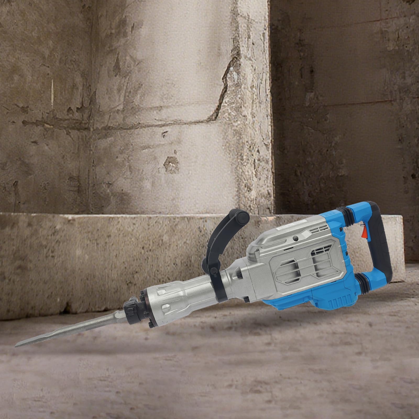 Martillo de demolición de 1700 W, 60J de fuerza de impacto, con cincel puntiagudo y plano, mango giratorio de 360°, interruptor autobloqueante, 1900 pulsaciones/minuto, longitud de cincel de 38 cm