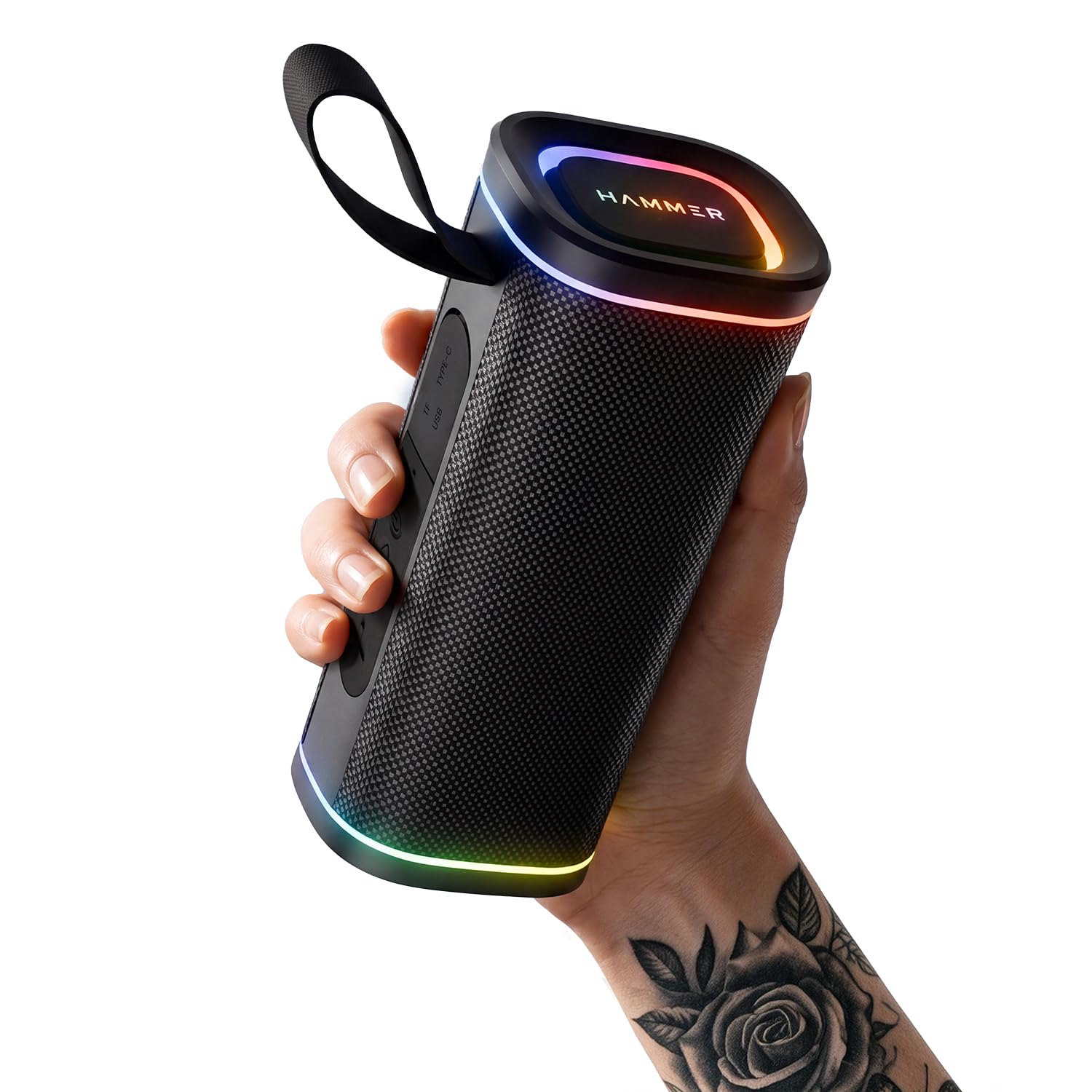 hammer wave 2 bluetooth speaker | 20w rms portable wireless speaker with deep bass, rgb lights, bluetooth 6.0, dual speaker pairing (black)