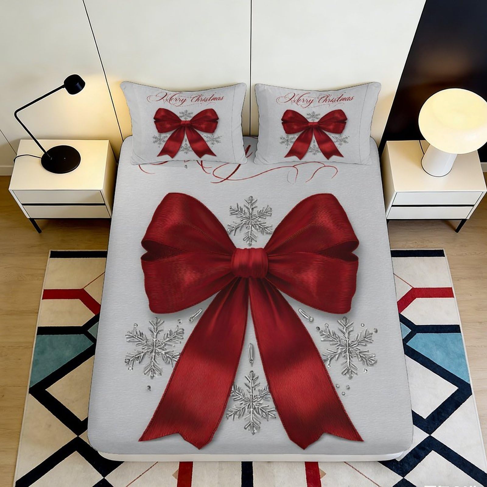 3D Printed Red Christmas Bow Fitted Sheet Microfiber Soft Snowflake Bed Cover for Bedroom Dorm Mattress Protection 180x200x25cm