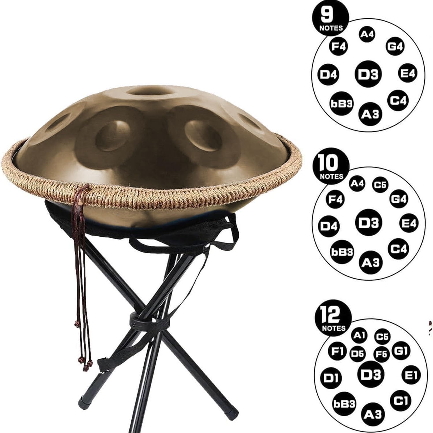 Handpan 440hz 10 Note 56 cm Strumento a Percussione in Acciaio, Professionale Handpan Instrument con Morbida Borsa per il Trasporto, Meditazione Personale, Yoga(Purple,432HZ/12Note)