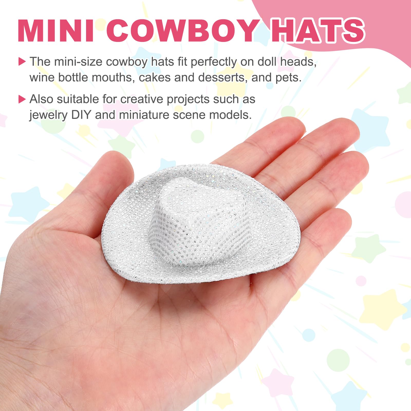 PATIKIL Mini Cowboy Hats, 8 Pcs Miniature Western Cowboy Hat for Crafts Party Decoration, Doll Pet Dress Up, Glitter Dot Style, White - Image 3