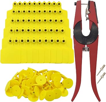 100 Pieces Blank Cattle Ear Tags with Pliers, Yellow | TPU, Livestock Ear Tag, Animal Identification, For Cattle Cow Horse Pig Goat Sheep