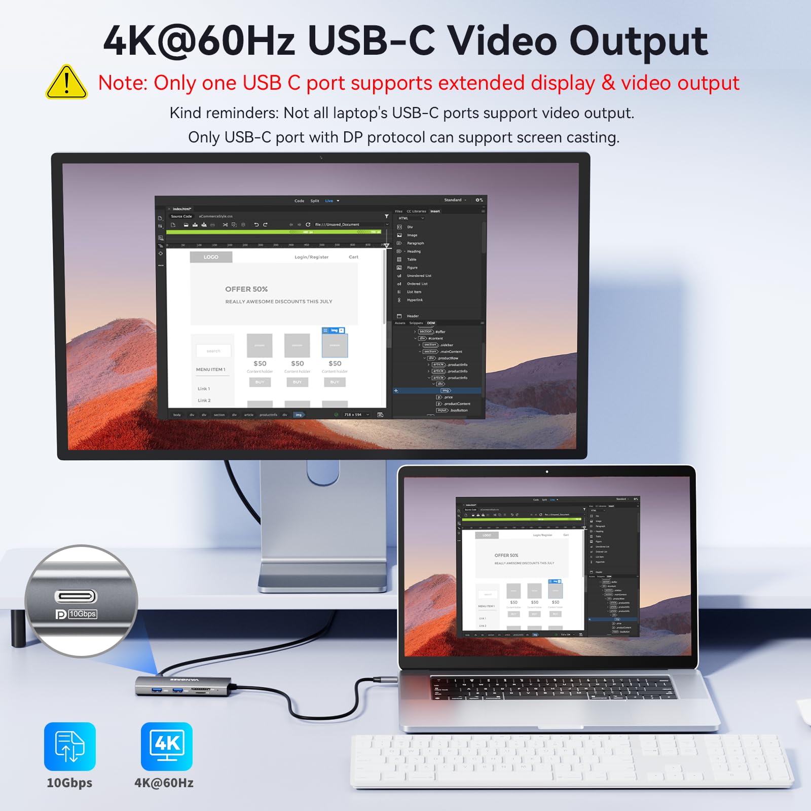 VANGREE 9w1 USB C Hub 10Gbps, 4K@60Hz USB-C Display, 100W PD | 3x USB-C & 2x USB-A 3.2, 4K@60Hz HDMI, SD/TF, SST & MST, do MacBook, iPad, Dell, Surface, Samsung DEX