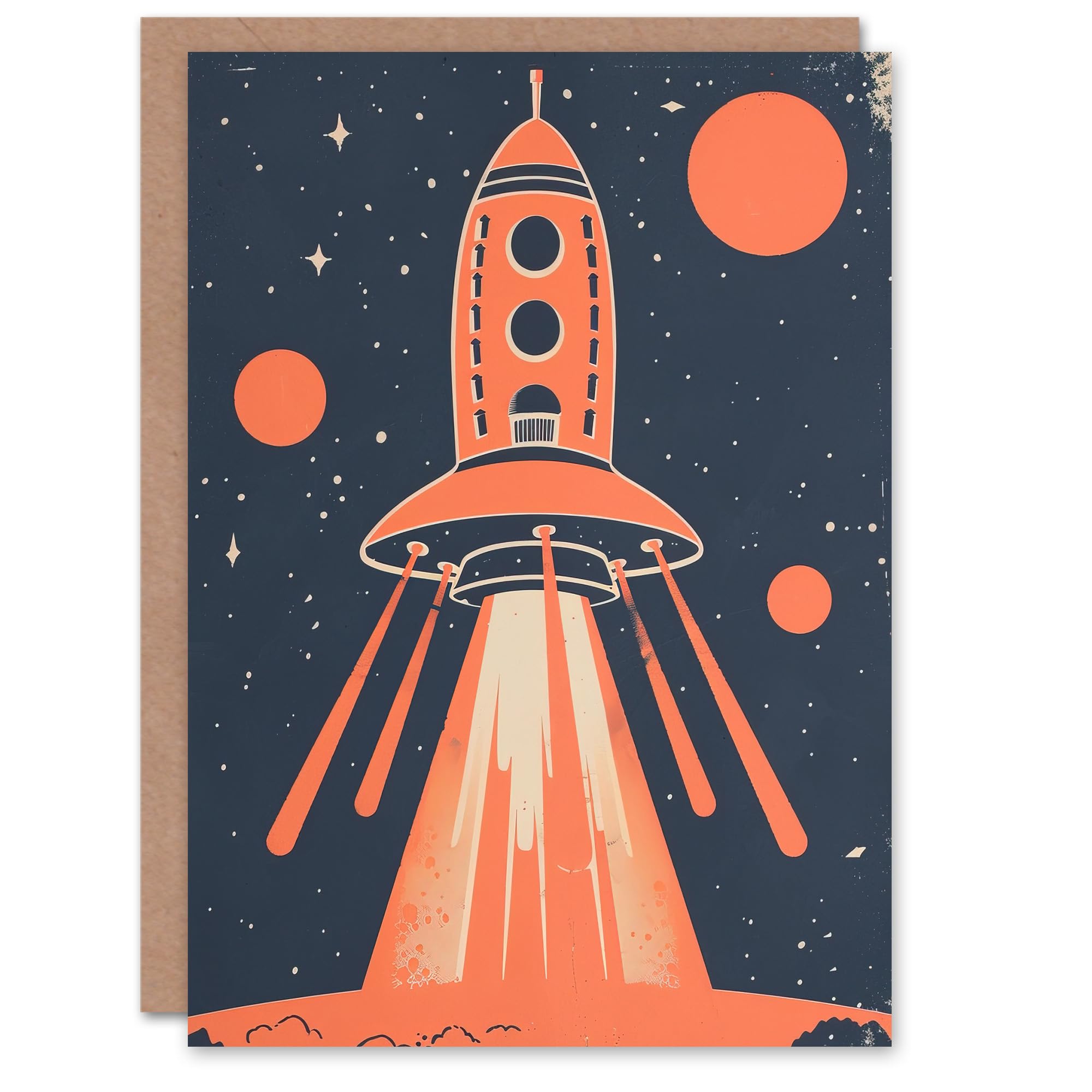 Artery8 Greeting Card Red Rocket Spaceship Launch Retro Style Design Blank For Him Or Her Art Birthday Card