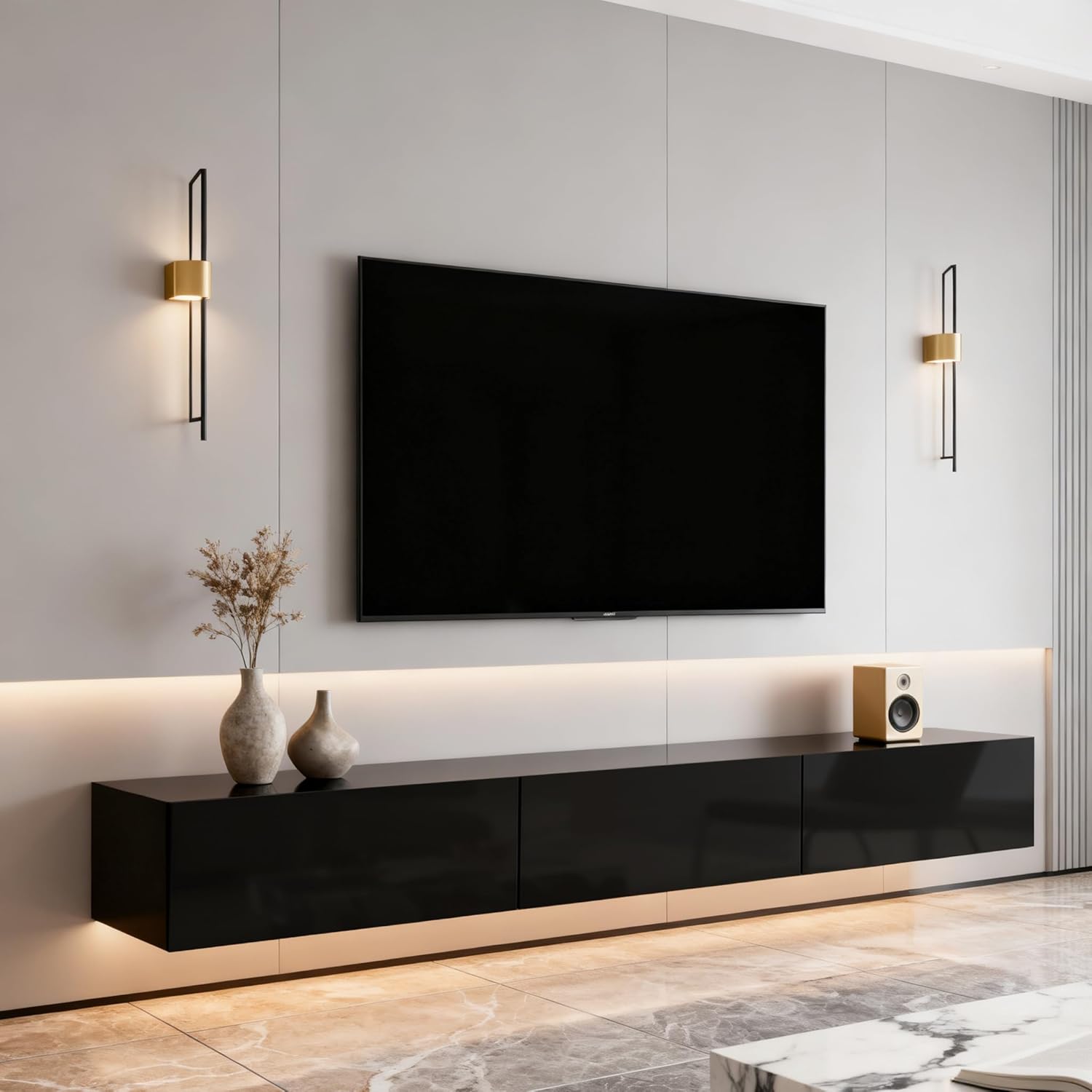 DMAITH Floating TV Stand with LED & 3 Drawers for TVs up to 70", High Gloss Wall Mounted Entertainment Center for Living Room, Black Modern Wood Media Console for Bedroom