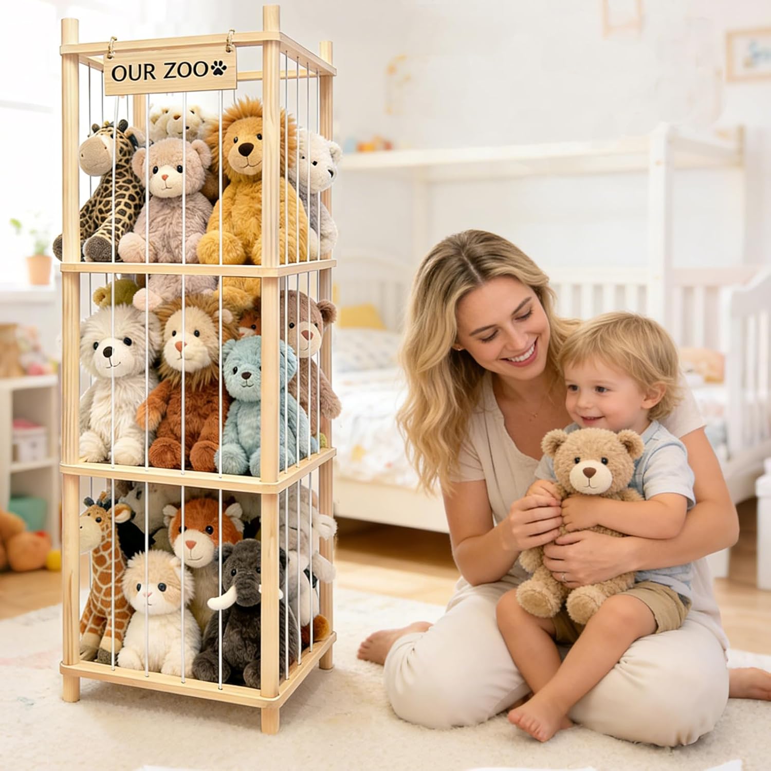 Stuffed Animal Storage & Organizer, Wooden Stuffed Animal Holder, Large Capacity Stuffy Storage Organizer, Cute Zoo Toy Holder for Playrooms, Nursery, Toddler Rooms & Bedrooms - 54 Inch