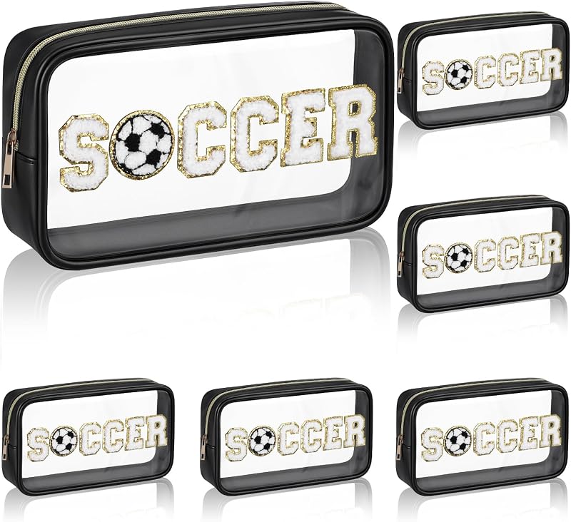 Reallnaive Necessaire Transparente de PVC Preta com Zíper e Patch Chenille de Futebol, Pacote com 6