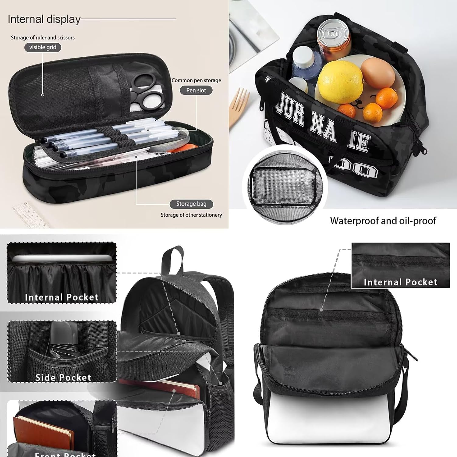 Howilath Customized Your Name Balck Camo Soccer Ball Print Backpack Kids 4Pcs Backpack with Lunch Box and Pencil Case Boys Lightweight Book Bag