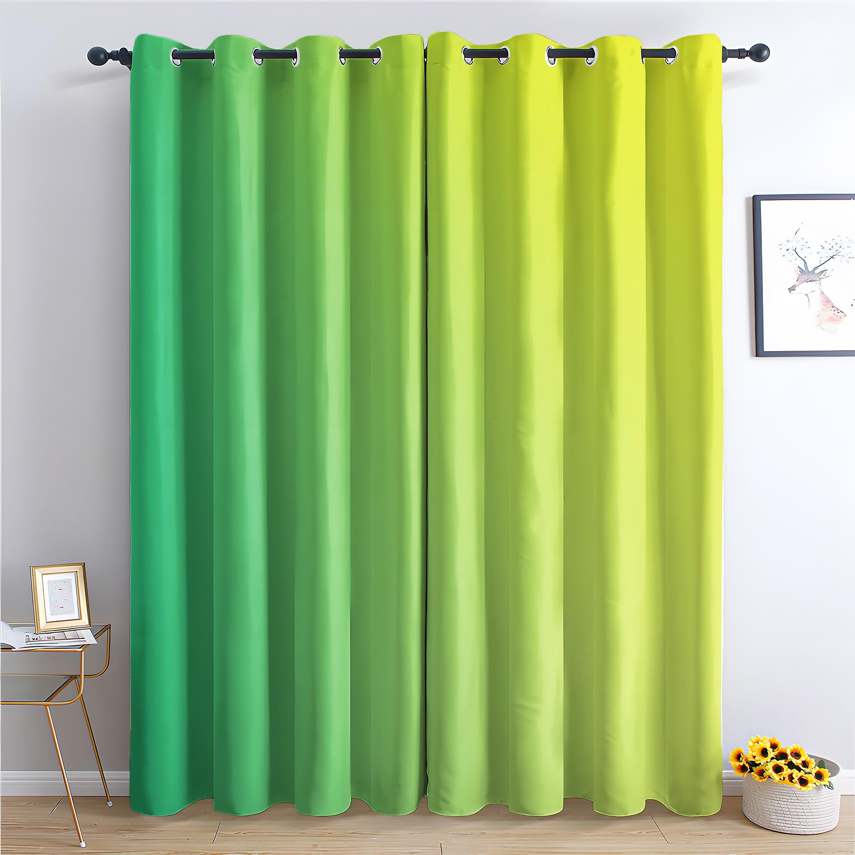 Zcwl Lime Green Green Yellow Ombre Curtains For Bedroom Living Room, Patterned Blackout Curtains, Thermal Insulated Eyelet Curtain, 90 Drop Window Treatments Drapes, 66X90 Inch (W X L), 2 Panels