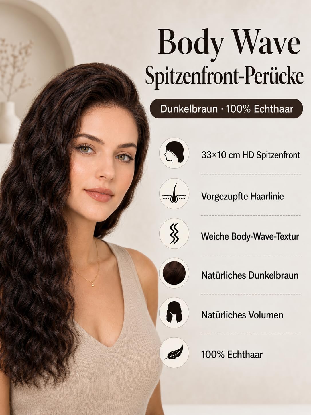 Body Wave Perücke 75 cm Dunkelbraun 33x10 cm Spitzenfront | 100% Echthaar, HD unsichtbare Spitze, vorgezupfte Haarlinie, kleberfrei, Damenperücke, weiche Body-Wave-Textur