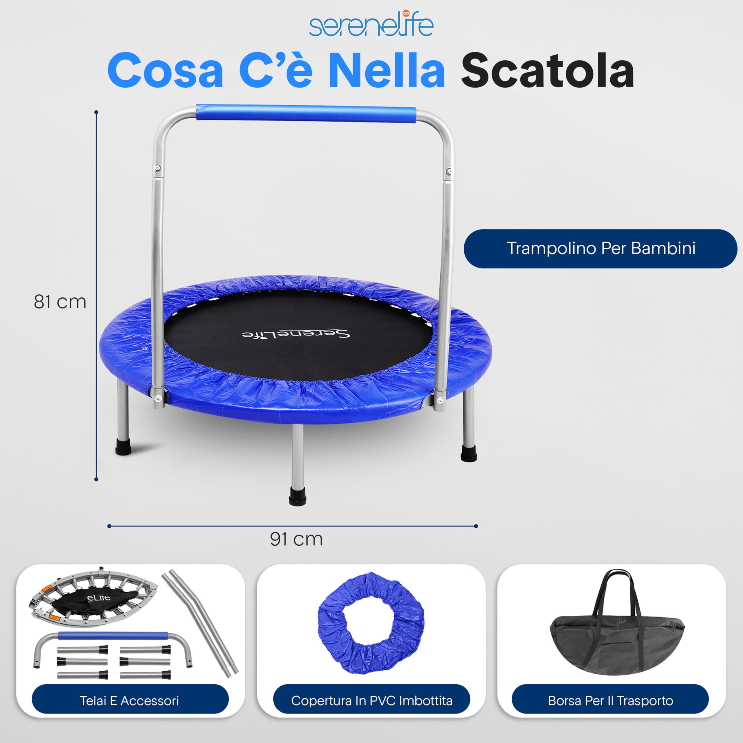 SereneLife Trampolino Elastico per Bambini Pieghevole 91/102 cm, Trampolino per Palestra in Casa con Maniglia in Schiuma, Giochi Bambini fino a 100 kg