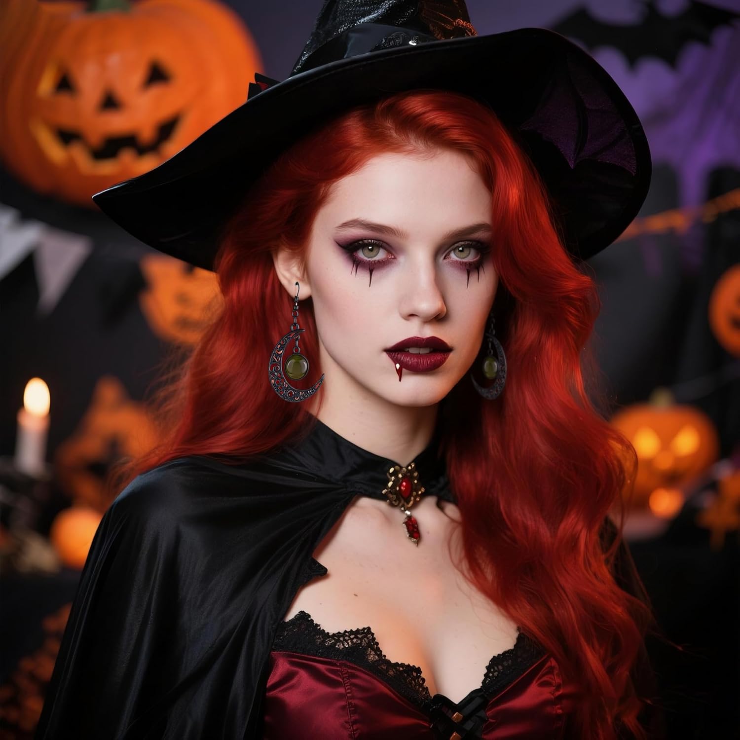 Gothic Black Moon Earrings Whimsy Black Red Purple Crystal Moon Drop Dangle Earring for Women,Vintage Punk Crescent Earring Goth Jewelry Halloween Witch Costume Accessories Green - Image 2