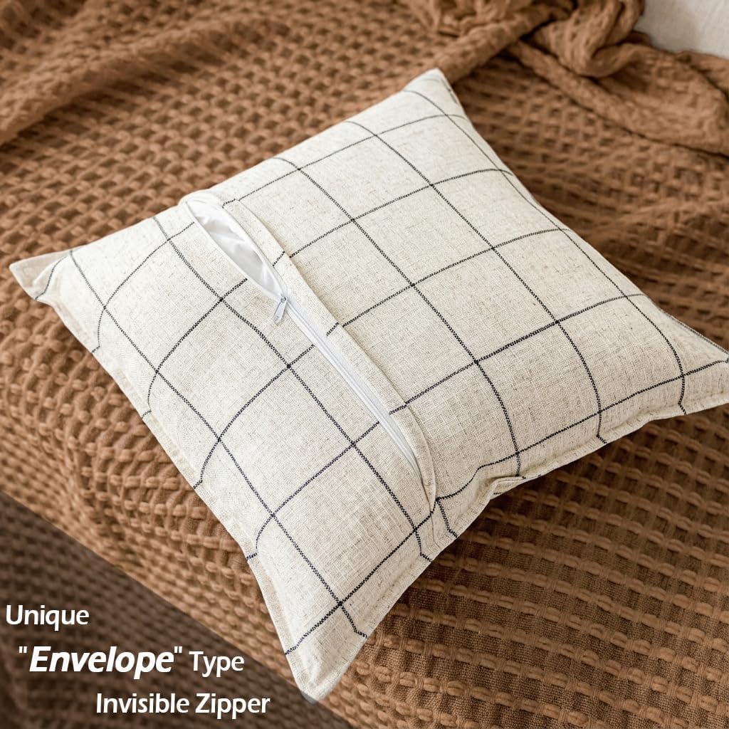 White Farmhouse Decorative Throw Pillow Covers 24x24 Set of 2, Linen Checkered Neutral Throw Pillows 24 x 24, White Windowpane Minimalist Home Decor Pillows for Couch Sofa