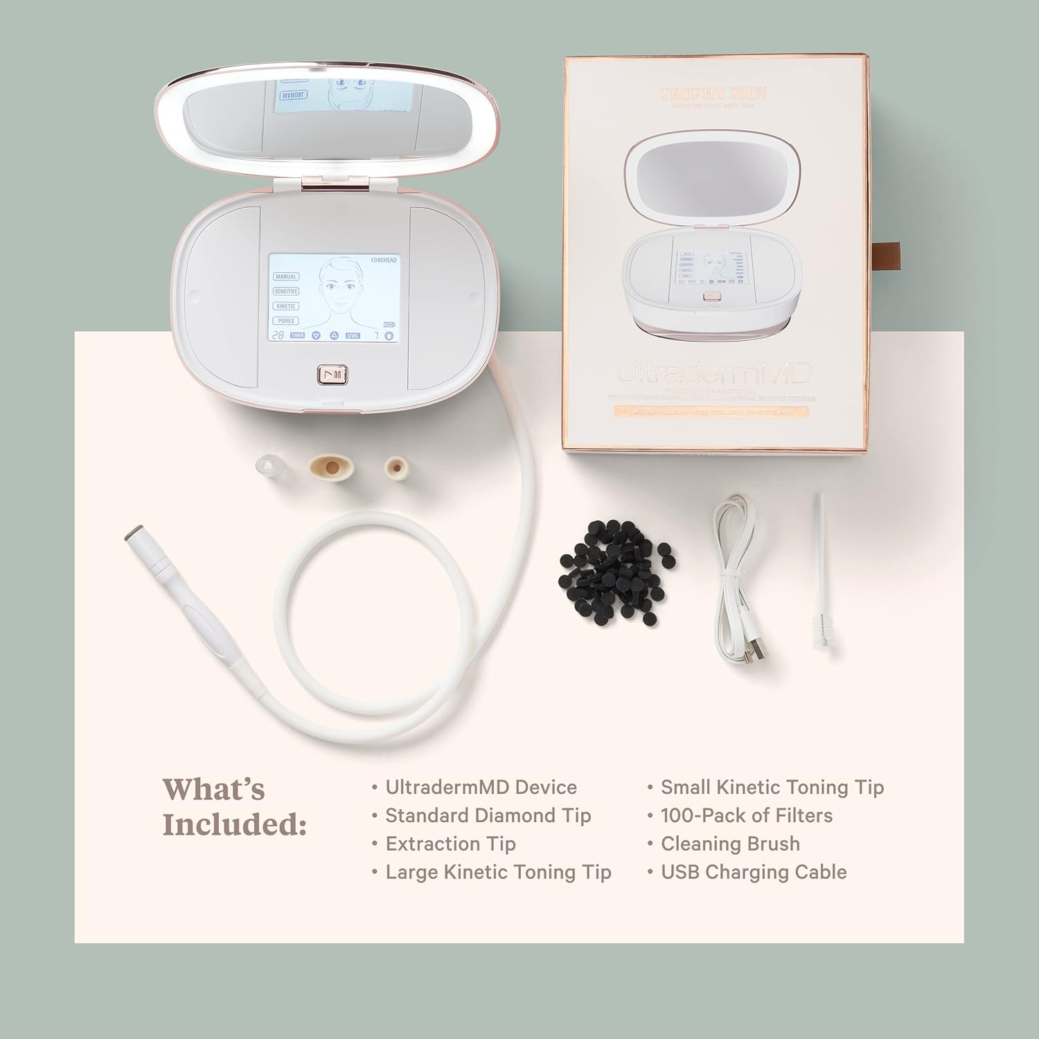 Trophy Skin UltradermMD - 3 in 1 Home Spa Microdermabrasion - Deep Skin Exfoliator Machine with Real Diamond and Pore Extractor Tips - Rejuvenate Face Skin and Even Out Skin Tone - Blush