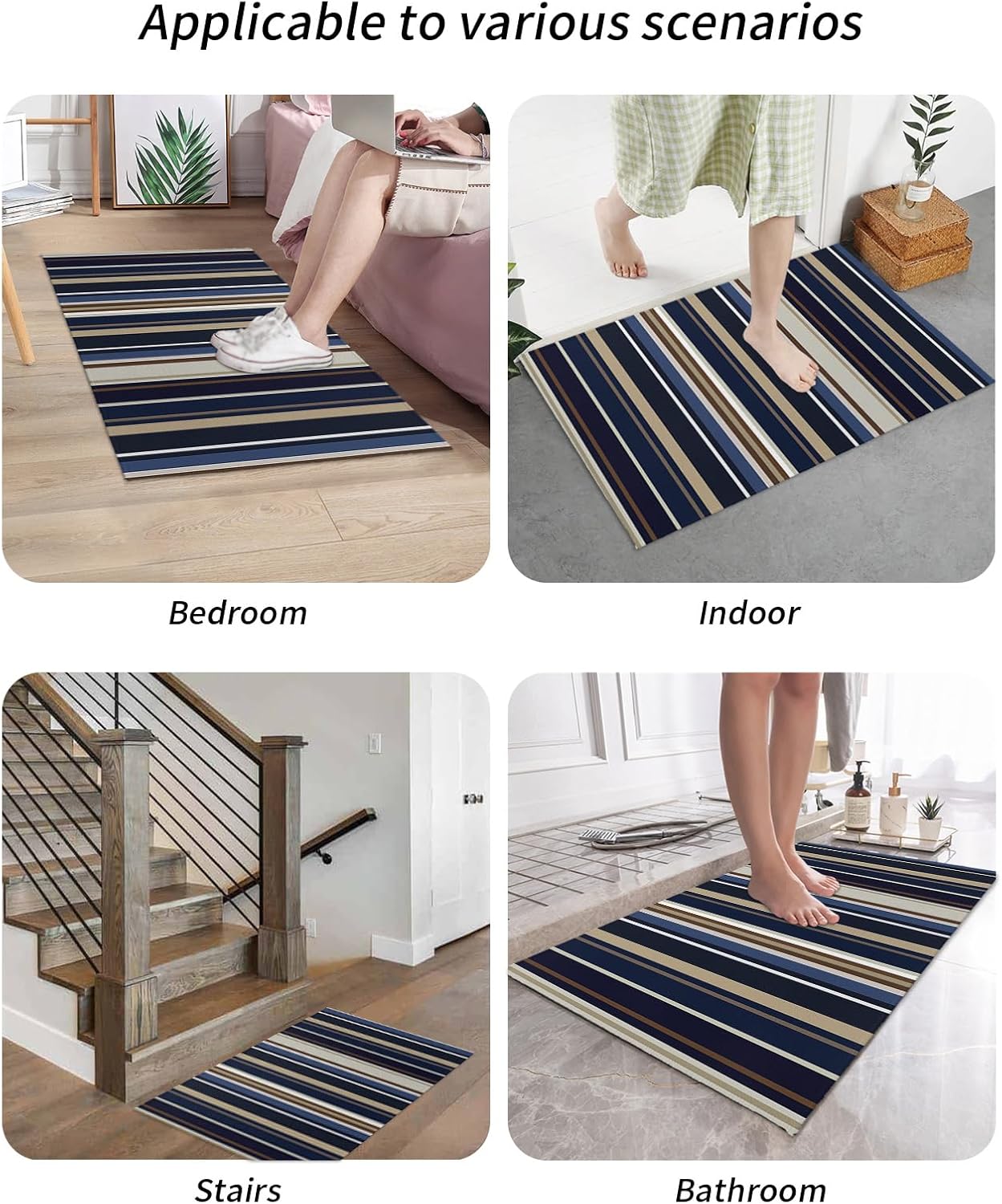 Indoor Outdoor Mats, Blue and Brown Stripes Door Mat, Non-Slip Absorbent Resist Dirt Entrance Mat Washable Welcome Mats for Entryway, Low-Profile Floor Mats