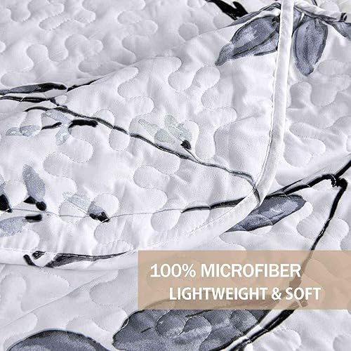 Miniatura 5 de Nanko Juego de edredón de 3 piezas, tamaño Queen, colcha floral de primavera de hojas blancas y grises, colcha suave y ligera, juego de ropa de cama