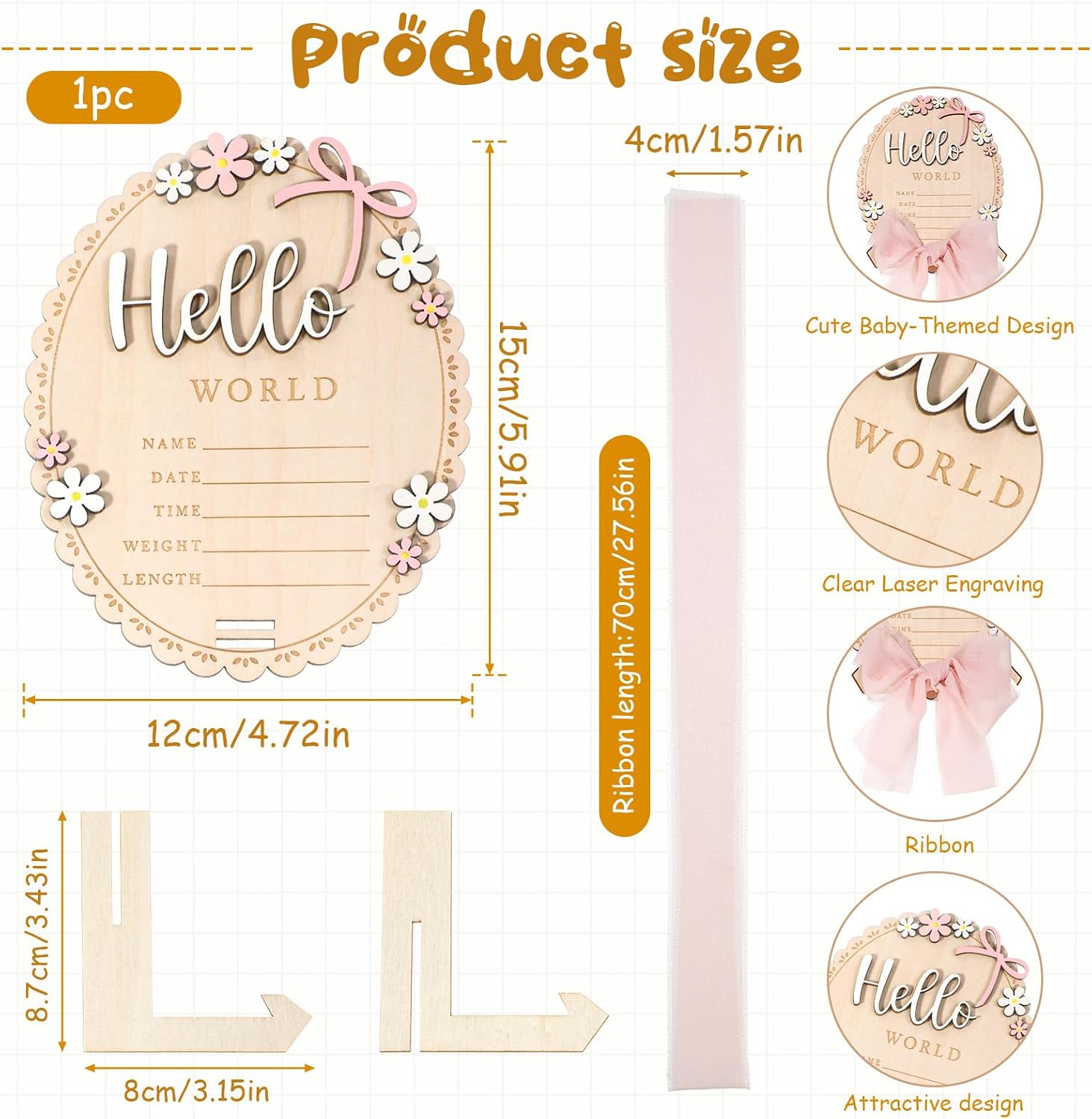 Baby Announcement Sign, Wooden Newborn Announcement Sign, Hello World Newborn Signs Flower Name Signs Board for Baby Shower Gender Reveal Party Hospital Decorations