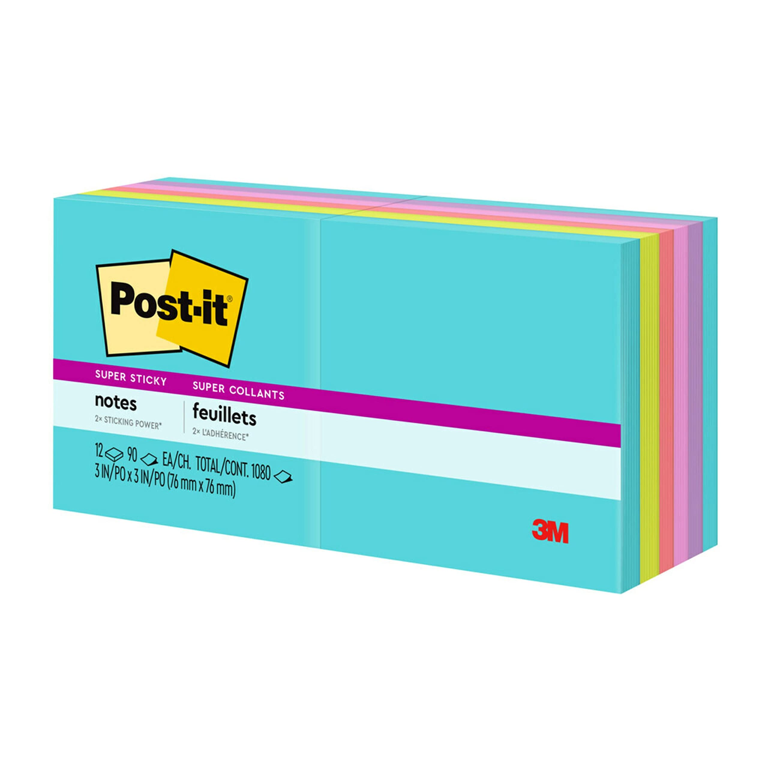 Post-it Super Sticky Notes, 3x3 in, 12 Pads, 2X The Sticking Power, Supernova Neons, Bright Colors, Recyclable (654-12SSMIA)-Case of 6
