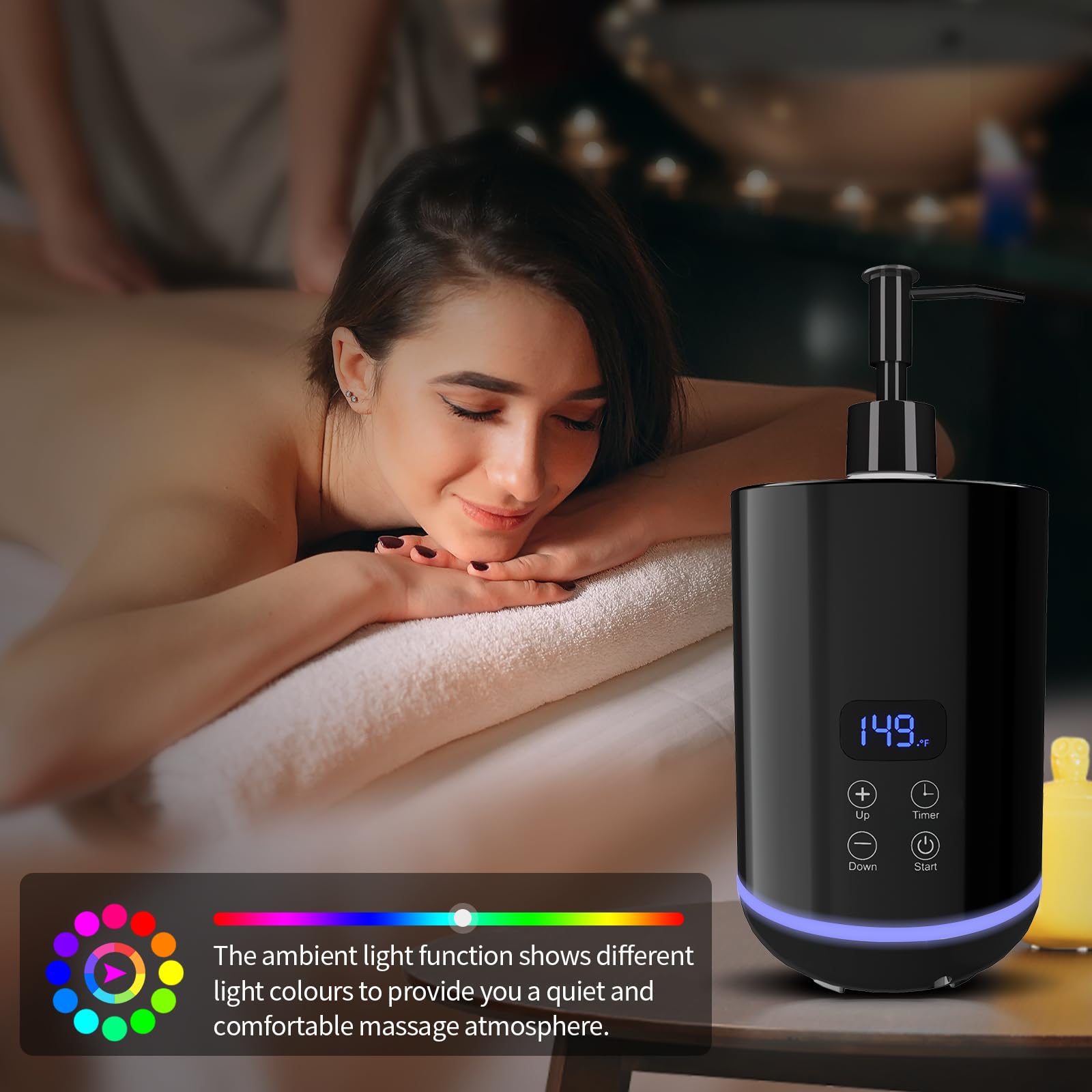 Chauffe huile de massage professionnelle iklestar avec éclairage d'ambiance et flacons distributeurs, appareil chauffant pour crème corporelle avec rouleau Gua Sha, Noir
