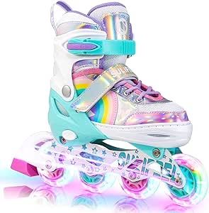 SULIFEEL Rainbow Unicorn Inline Skates for Girls Boys 4 Size Adjustable Light up Wheels Roller Blades for Kids Beginner