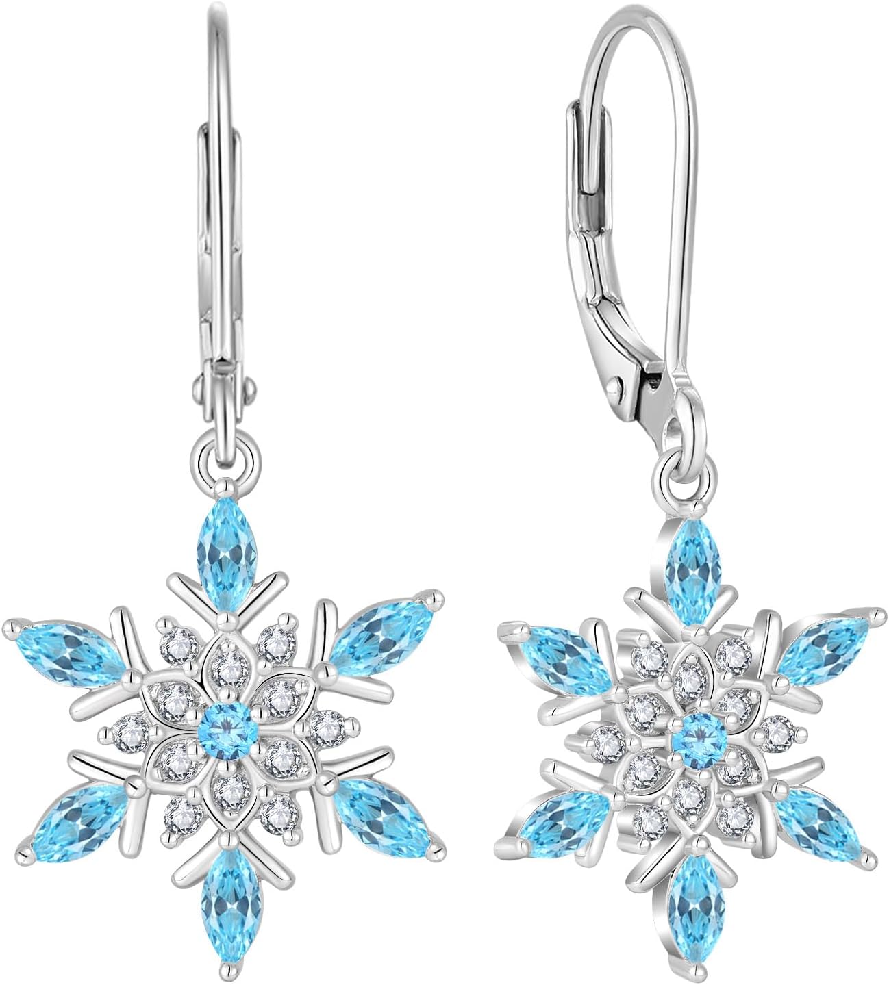 Snowflake Earrings 925 Sterling Silver Dangle Drop Earrings for Women CZ Birthstone Leverback Earrings Hypoallergenic Jewelry for Women