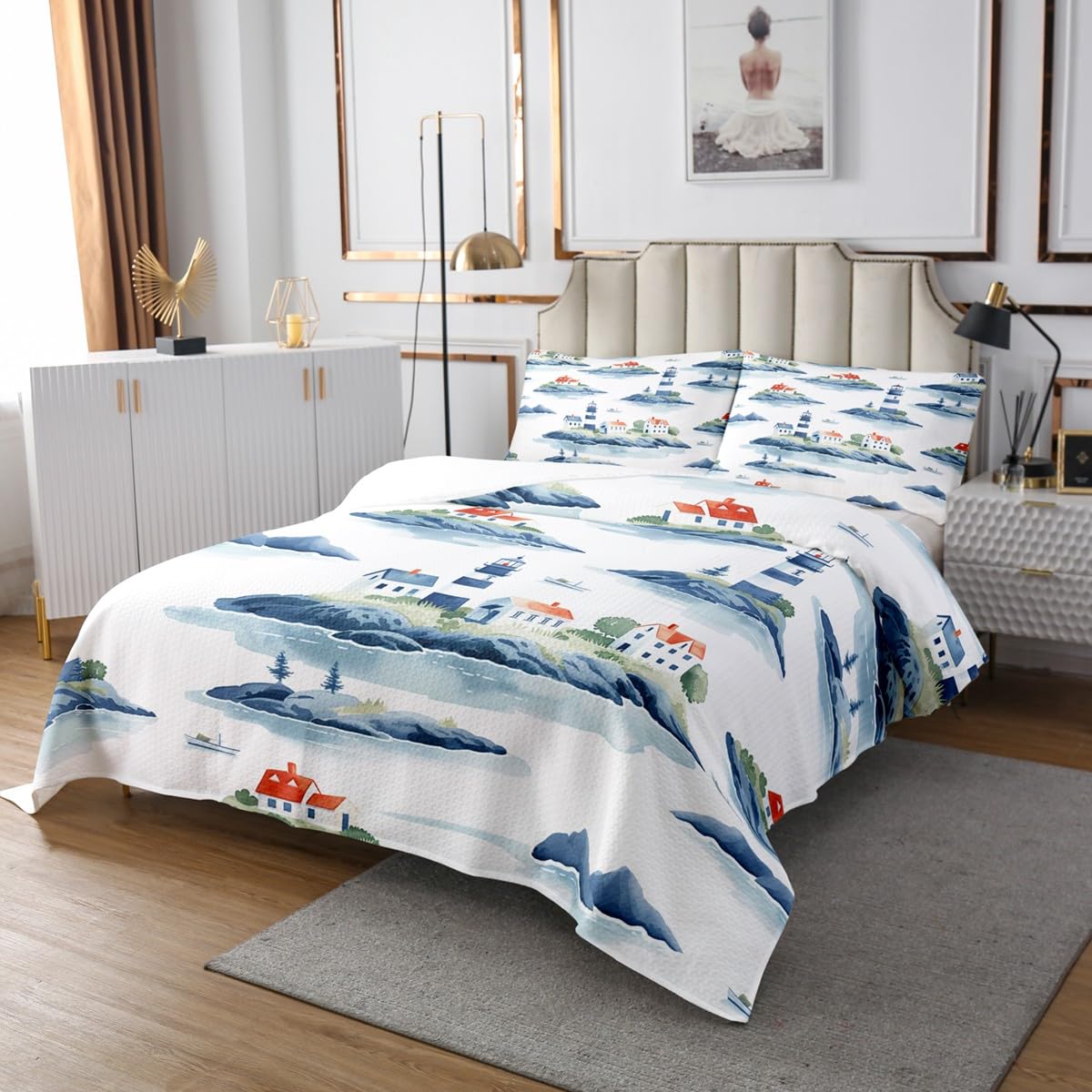 Set di biancheria da letto con copriletto trapuntato con faro nautico e città sul mare, per bambini, adolescenti, adulti, stile retrò, set di biancheria da letto, set da 2 pezzi