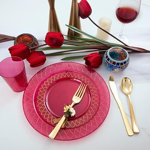 Miniatura 3 de Nervure 150 platos de plástico rojo transparente con borde dorado, plato de fiesta rojo, plato de oro desechable que incluye: 50 platos, 25